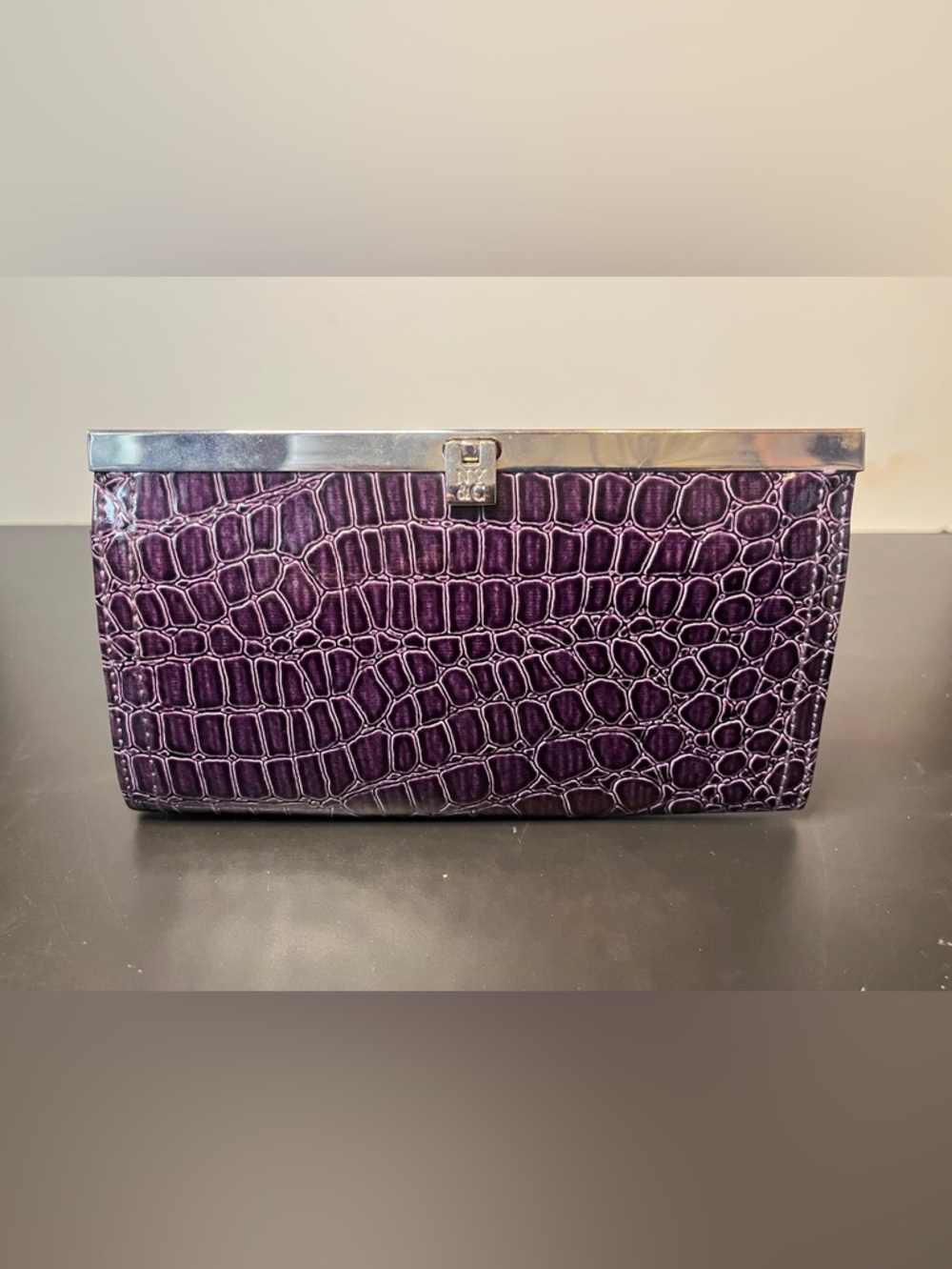 New York & Company Purple Croc-Embossed Frame Clutch